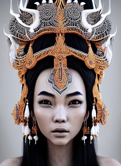 Image similar to absurdly beautiful young thai woman with symmetrical white makeup, wearing an intricate headdress made from bones, wearing large earrings made from white bones, hyperdetailed illustration by irakli nadar and alexandre ferra, intricate linework, unreal engine 5 highly rendered, global illumination, radiant light, detailed and intricate environment