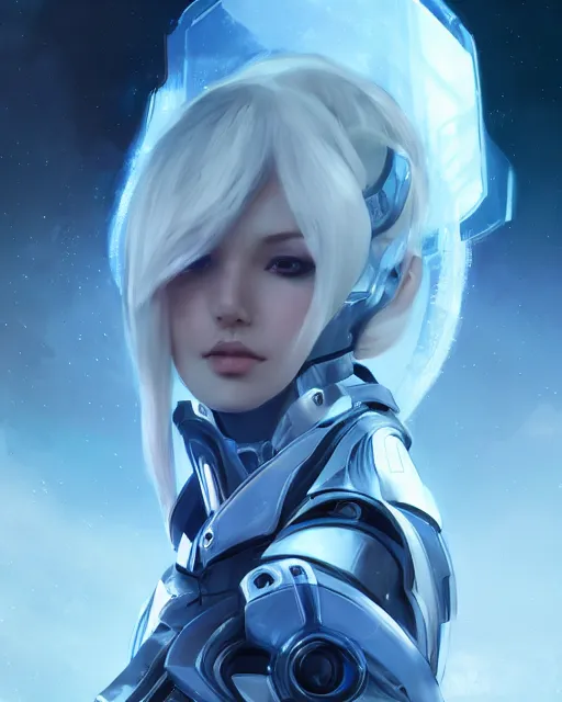 Image similar to perfect android girl on a mothership, warframe armor, beautiful face, scifi, futuristic, galaxy, nebula, raytracing, dreamy, long white hair, blue cyborg eyes, sharp focus, cinematic lighting, highly detailed, artstation, divine, by gauthier leblanc, kazuya takahashi, huifeng huang