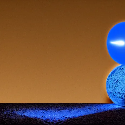 Prompt: realistic photograph of a spherical radioactive orb, glowing with intense blue light