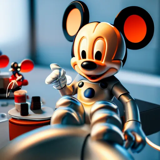 Prompt: a cybertronic mickey mouse being dissected by a group of network executives, on an operating table, octane render, cgstation, 3 d render, very detailed, mindblowing, blood and guts, gritty, cyberpunk