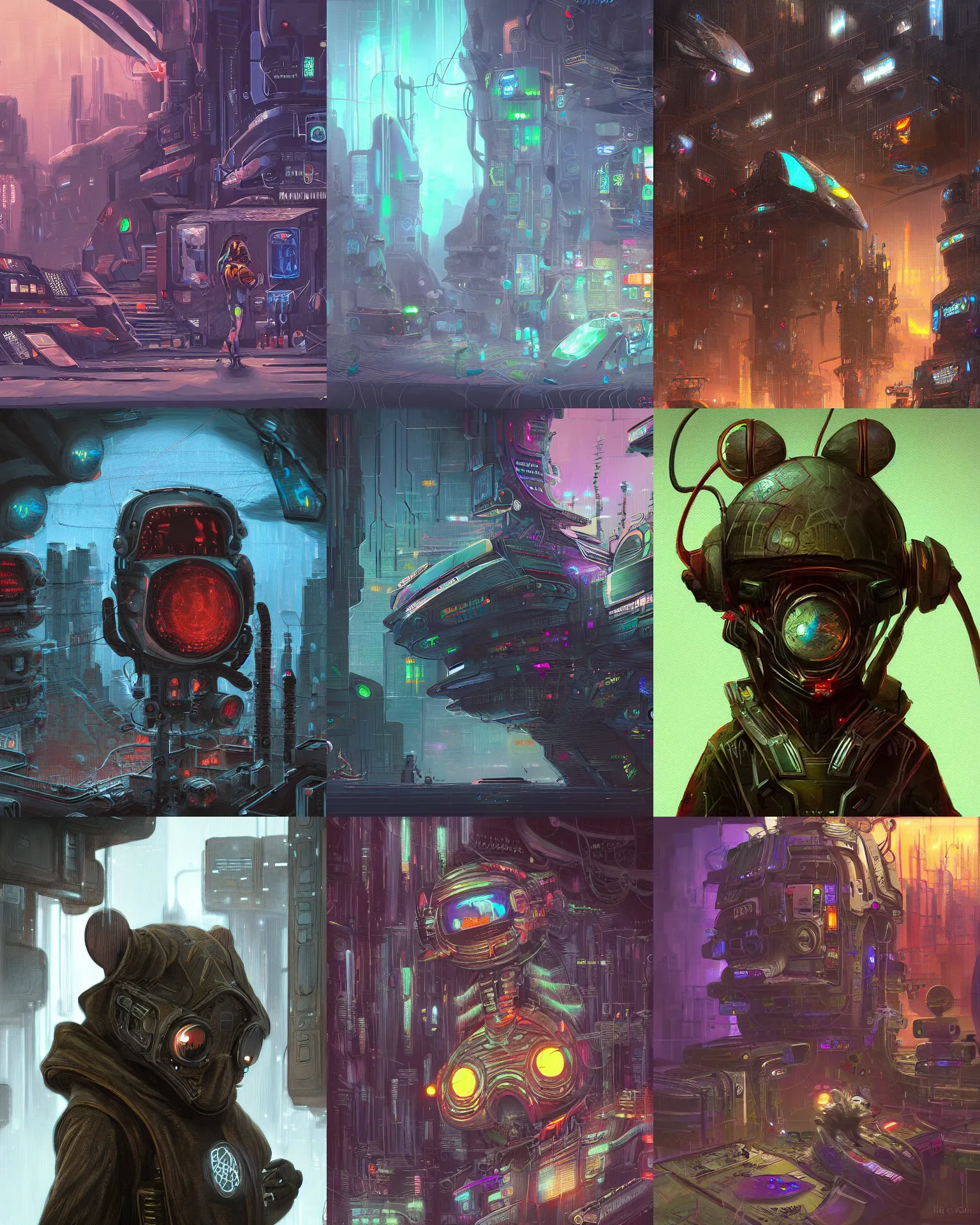 Prompt: mousefolk, cyberpunk, scifi, high detail, digital painting