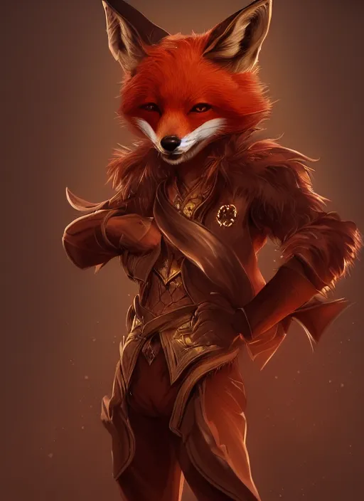 Image similar to a highly detailed illustration of attractive young red haired man with fox ears wearing brown suit, dramatic pose, intricate, elegant, highly detailed, centered, digital painting, artstation, concept art, smooth, sharp focus, league of legends concept art, wlop