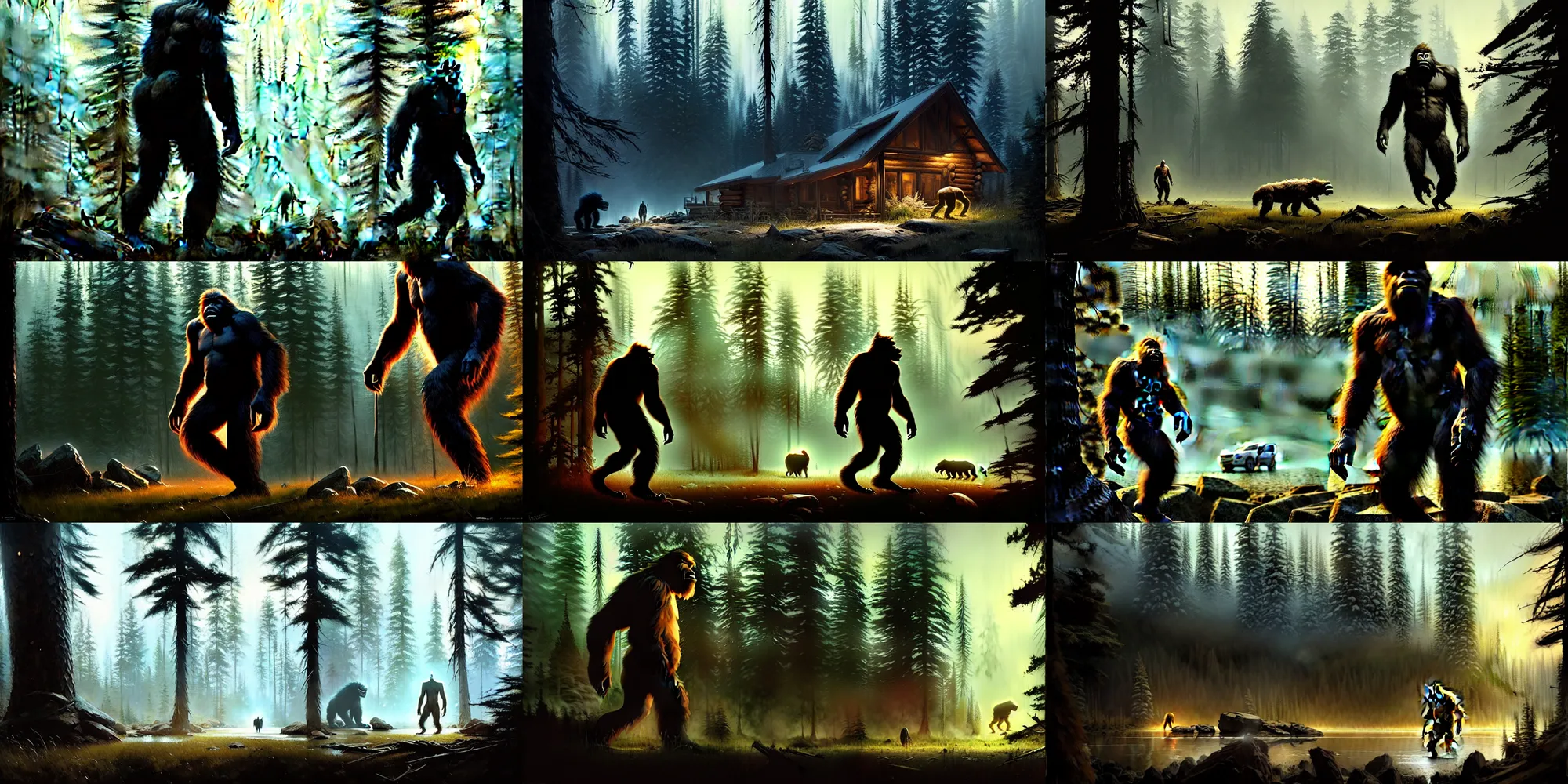 Prompt: sasquatch near a cabin in forest, concept art by greg rutkowski, Craig Mullins, Todd McFarlane, masterpiece, award-winning, sharp focus, intricate concept art, ambient lighting, 8k, artstation