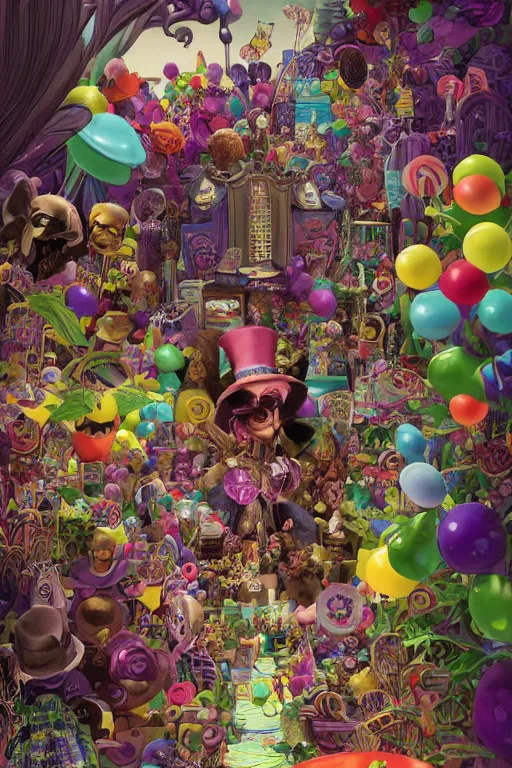 Image similar to whimsical pixar Johnny Depp in wonderland Willy Wonka's Chocolate Factory, Illustration, Colorful, insanely detailed and intricate, super detailed, by Lulu Chen, moebius, craig mullins