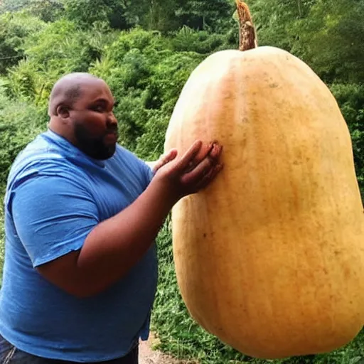 Image similar to fat man holding the worlds largest yam