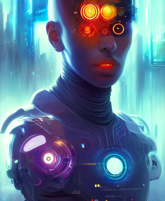 Image similar to a whirlwind inside the metaverse, guy, male, man, hologram, half body, neurochip, android, cyborg, cyberpunk face, by loish, d & d, fantasy, intricate, elegant, highly detailed, colorful, digital painting, artstation, concept art, art by artgerm and greg rutkowski and alphonse mucha