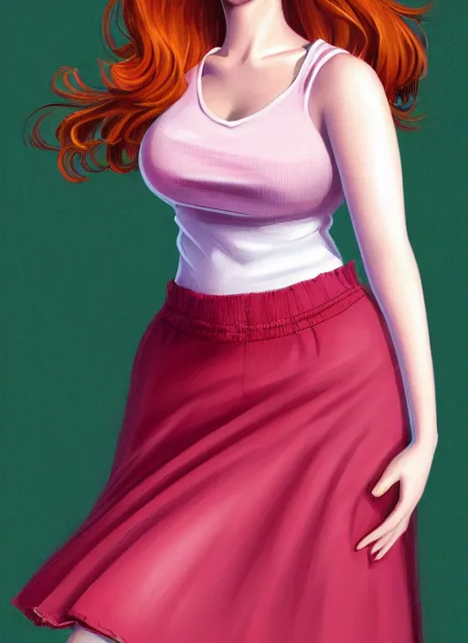 Image similar to full body portrait of teenage cheryl blossom, chubby, bangs, green eyes, sultry expression, red hair, sultry smirk, bangs and wavy hair, pink skirt, fat, intricate, elegant, glowing lights, highly detailed, digital painting, artstation, concept art, smooth, sharp focus, illustration, art by wlop, mars ravelo and greg rutkowski