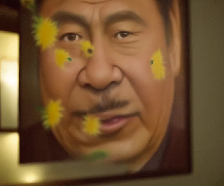 Image similar to hyperralism pineapple express movie still photography of real detailed xi jinping with detailed face smoking detailed weed in detailed basement bedroom with winnie the pooh hyperrealism photography by araki nobuyoshi