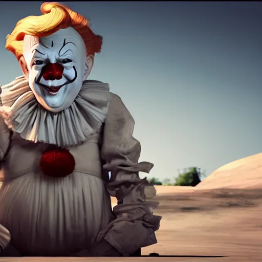 Image similar to Donald Trump with Pennywise body, realistic artstyle, wide shot, dramatic lighting, octane render, hyperrealistic, high quality, highly detailed, HD, beautiful, cinematic, 8k, unreal engine, facial accuracy, symmetrical