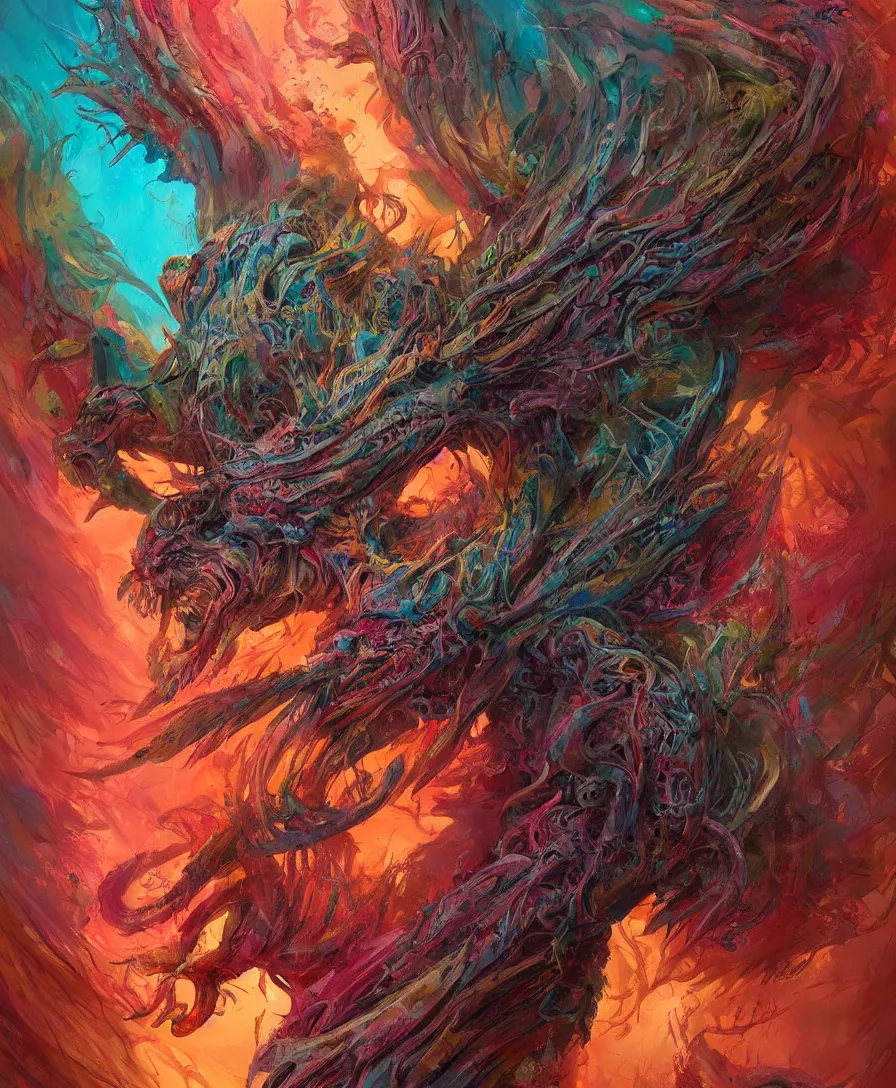 Image similar to giant colorful hyperbeast, complex and intricate, lot of head, eyes, wings, horror, details, artstation, concept art, smooth, sharp focus, illustration, art by greg rutkowski and Zdzislaw Beksinski, good clear quality, lighting, biology, hyper realism, hyper colors