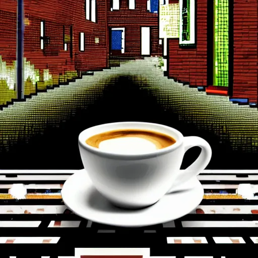 Image similar to A cup of coffee reflecting the surroundings in an alley, Pixel Art, Closeup