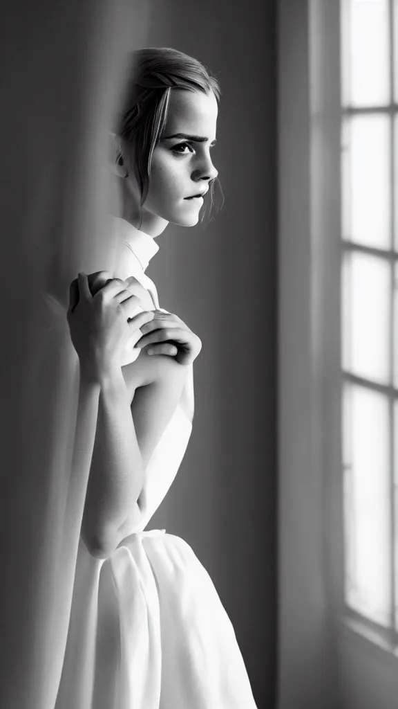 Image similar to detailed photo of emma watson cosplaying annie leonhart wearing open toe high heels and wearing a white dress in a white room looking up, beautiful face, pale skin, rule of thirds, cinematic lighting, sharp focus, backlit, stunning, smooth, hard focus, full body shot, studio photo, shot on sony a 7 iii, hyper realistic, camera sony nicon