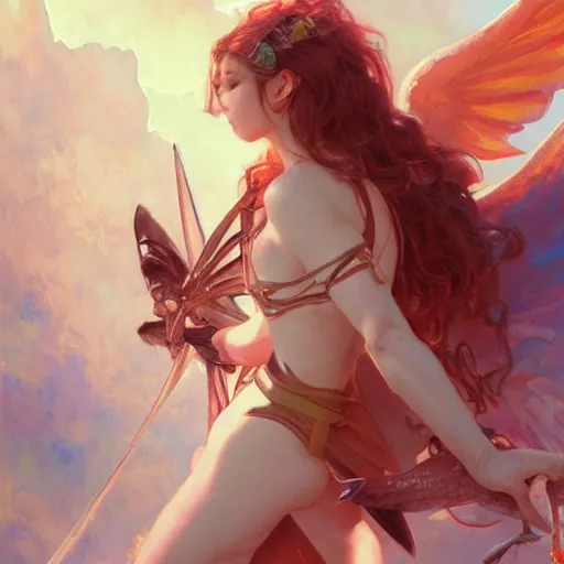 Prompt: An angel with a flaming sword fighting a pterodactyl, detailed, digital painting, artstation, pixiv, Krenz Cushart, WLOP, Artgerm, Alphonse Mucha