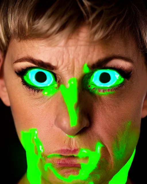Prompt: headshot of demonic looking angry ellen degeneres with glowing green eyes like medusa, studio lighting, 8 k, photo shoot, 9 inch kershaw soft focus lens f / 5. 6