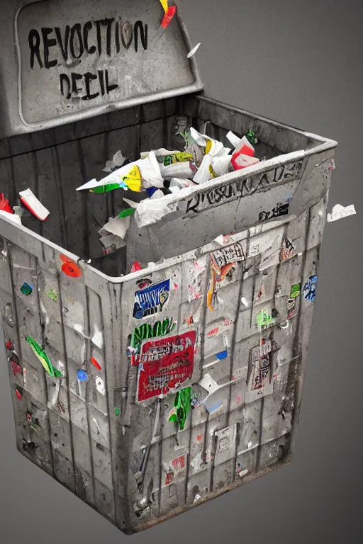 Image similar to trash bin 3 d with a revolution written in the trash bin, ultra realistic, concept art, intricate details, highly detailed, photorealistic, octane render, 8 k