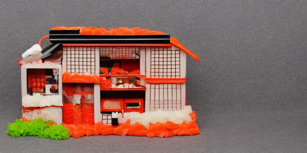 Image similar to a house made out of sushi, 4k, 35mm