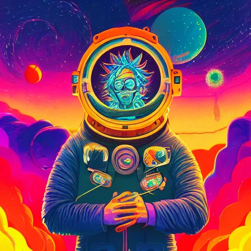 Image similar to Rick Sanchez an extremely psychedelic experience, colorful, surreal, dramatic lighting, cosmonaut, LSD, face, detailed, intricate, elegant, highly detailed, digital painting, artstation, concept art, smooth, sharp focus, illustration, art by Sam Spratt, Dan Mumford, Artem Demura and Alphonse Mucha