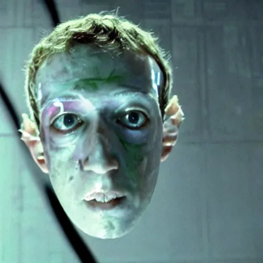 Image similar to a broken Mark Zuckerberg android cyborg head on the floor, leaking white slimy fluid. Nostromo Alien movie.