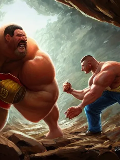 Prompt: 2 strongman in a sparing match. intricate, elegant, highly detailed, digital painting, artstation, concept art, sharp focus, illustration, by justin gerard and artgerm, 8 k