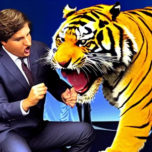 Image similar to a high quality photograph of Tucker Carlson being attacked by a sabertooh tiger, teeth ripping his flesh, he is screaming in agony on the set of Tucker Carlson tonight live on Fox News