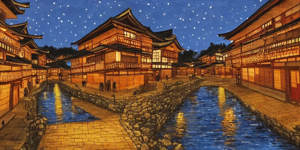 Prompt: a japanese medieval town during autumn at night, painting, beautiful, award winning masterpiece