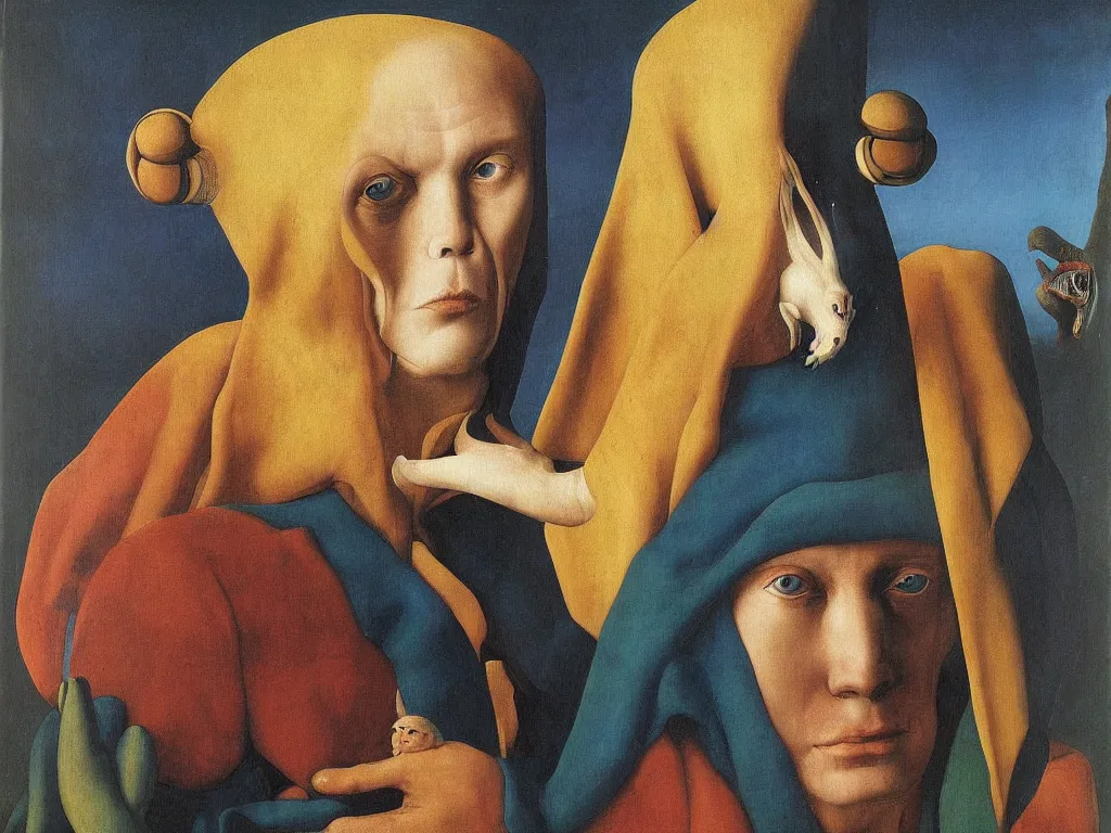 Image similar to Portrait of albino mystic with blue eyes, with Capricorn. Painting by Jan van Eyck, Audubon, Rene Magritte, Agnes Pelton, Max Ernst, Walton Ford