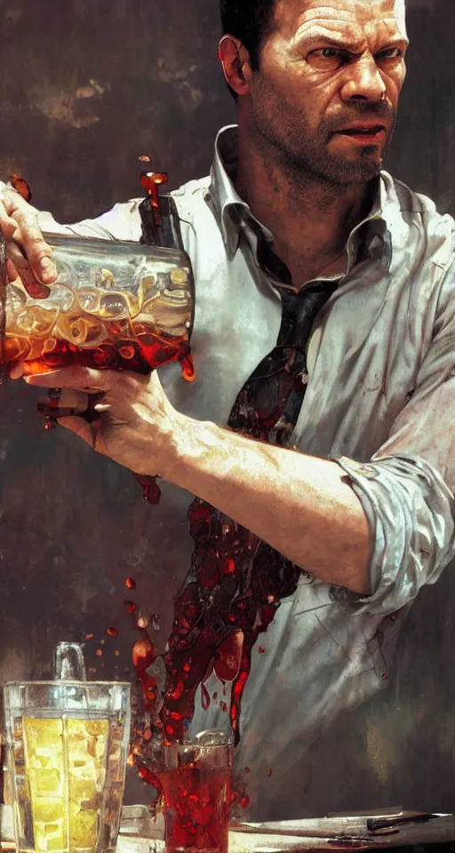 Image similar to close up of bloodied max payne pouring a drink, sun shining, photo realistic illustration by greg rutkowski, thomas kindkade, alphonse mucha, loish, norman rockwell.