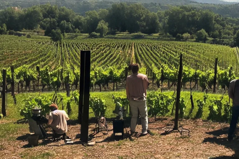 Image similar to cinematography plein air painters in a vineyard in France by Emmanuel Lubezki