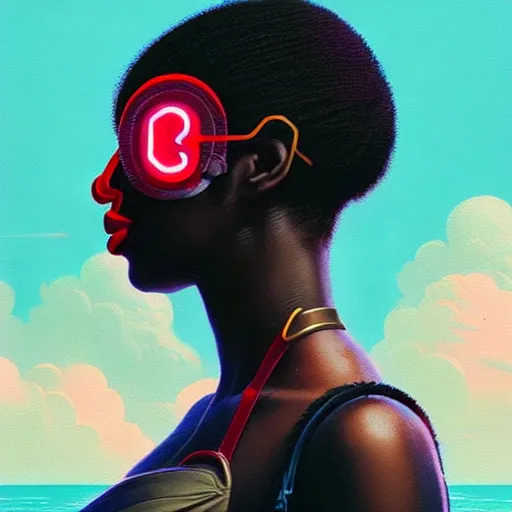 Prompt: side profile of a black woman :: blood :: background sea :: intricate details :: oxygen mask implant :: 8k :: simon stalenhag and Sandra Chevrier