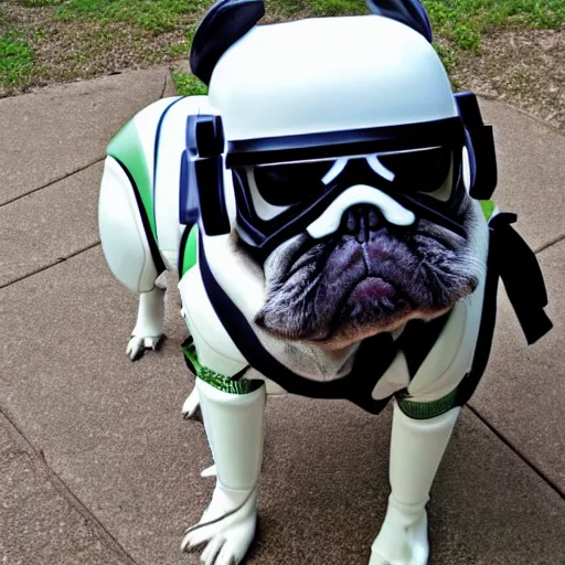 Prompt: a pug wearing stormtrooper armor, photo, detailed