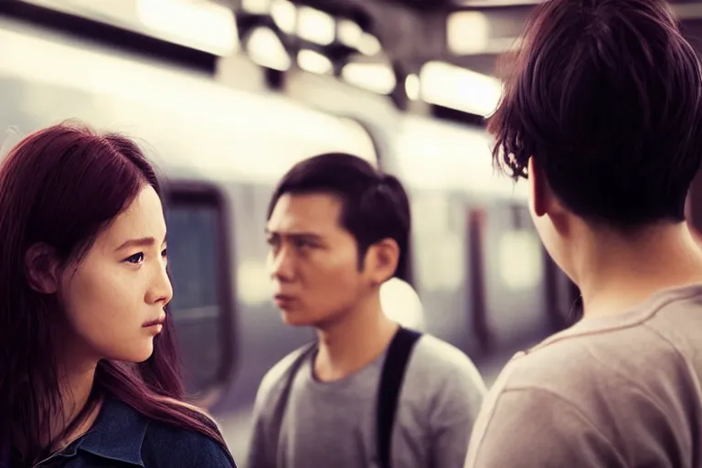 Prompt: vfx film closeup couple in a train station flat color profile low - key lighting award winning photography arri alexa cinematography, cinematic beautiful natural skin, famous face, atmospheric cool color - grade