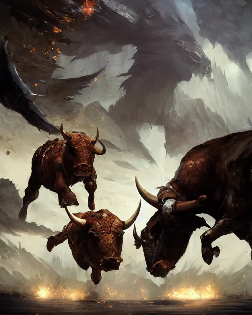 Prompt: a scene from an epic battle between bulls , magic the gathering artwork, D&D, fantasy, cinematic lighting, centered, symmetrical, highly detailed, digital painting, artstation, concept art, smooth, sharp focus, illustration, volumetric lighting, epic Composition, 8k, art by Akihiko Yoshida and Greg Rutkowski and Craig Mullins, oil painting, cgsociety