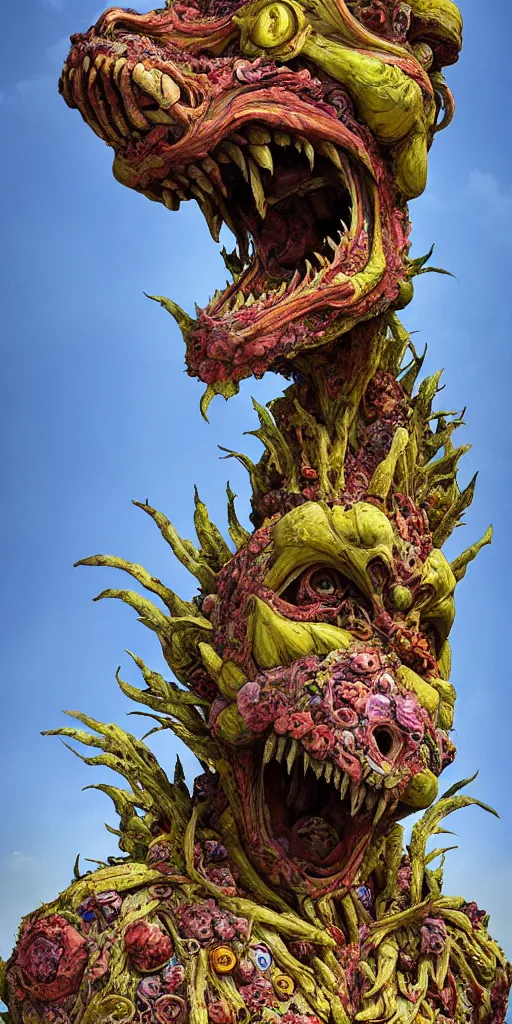 Image similar to colossal grotesque prehistoric psyhedelic alien predator flower made from best unfulfilled mankind projects in the middle of abandoned post soviet constructivist cityscape, Stalinist architecture, ultradetailed, Intricate by Hayao Miyazaki and Josan Gonzalez and Makoto Shinkai and Giuseppe Arcimboldo and Wes Anderson