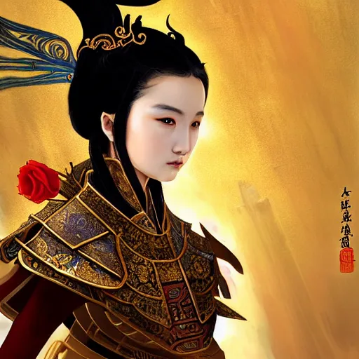 Image similar to portrait black hair young knights of Dynasty Warriors girl, rose golden color armor, in ruin chinese palace rooftop sunrise, ssci-fi and fantasy, intricate and very beautiful and elegant, highly detailed, digital painting, soft light, artstation, concept art, smooth and sharp focus, illustration, art by tian zi and WLOP and alphonse mucha