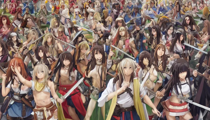 Image similar to jesus christ our lord standing in the front leading an army of cute anime girls into battle, photorealistic, anime, realistic faces, mini skirt, long hair, lightly dressed, renaissance painting, hyper real, detailed, closeup shot, ultra detailed