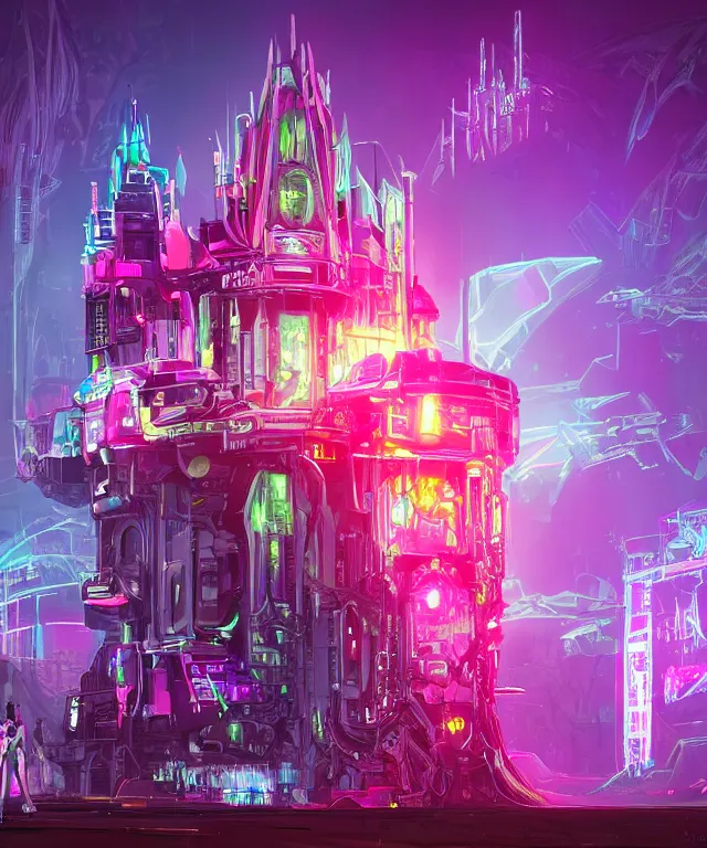 Prompt: majestic cyborg princess, futuristic castle, cyberpunk, neon lights, metal throne