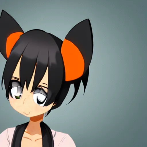 Image similar to anime tomboy with dark skin, black hair, wolf ears and glowing orange eyes