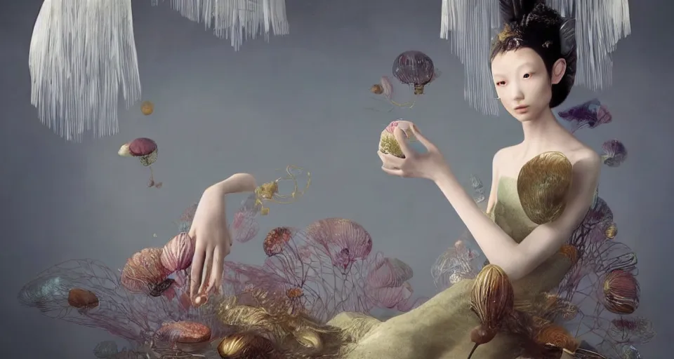 Image similar to asian female wearing a luminous jelly fish armor. soft. fragile. by ray caesar. by louise dahl - wolfe. by andrea kowch. by anna claren. surreal photography