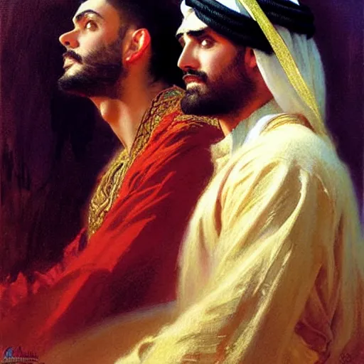 Image similar to attractive fully clothed arab king confesses his love for his attractive fully clothed male prince. highly detailed painting by gaston bussiere, craig mullins, j. c. leyendecker