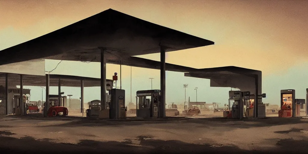 Image similar to A gas station in the desert at night, creepy and dramatic atmosphere, digital art by Greg Rutkowski and Studio Ghibli and Edward Hopper