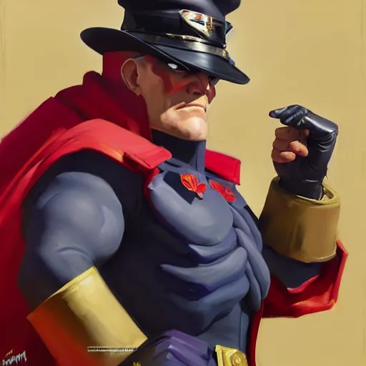 Image similar to Greg Manchess portrait painting of M. Bison as Overwatch character, medium shot, asymmetrical, profile picture, Organic Painting, sunny day, Matte Painting, bold shapes, hard edges, street art, trending on artstation, by Huang Guangjian and Gil Elvgren and Sachin Teng