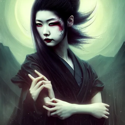 Image similar to Portrait of a riveting Japanese vampire woman!, atmospheric lighting, gothic makeup, intricate, Transylvanian castle, volumetric lighting, beautiful, starlit sky, sharp focus, ultra-detailed, by Tom Bagshaw Leesha Hannigan, Ross Tran, Thierry Doizon, Kai Carpenter, Ignacio Fernández Ríos