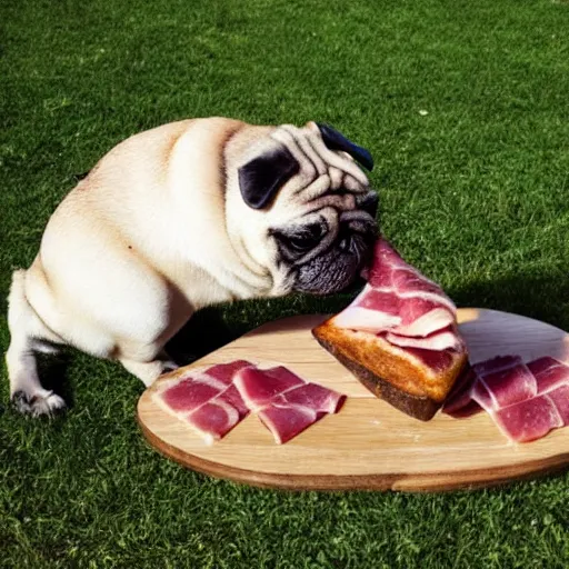 Prompt: fat pug eating a slice of ham