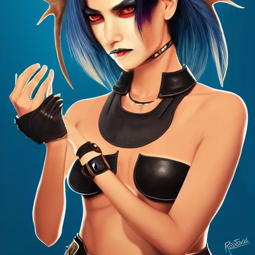 Image similar to illustrated realistic portrait of ram-horned devil woman with blue bob hairstyle and her tan colored skin and with solid black eyes wearing leather by rossdraws