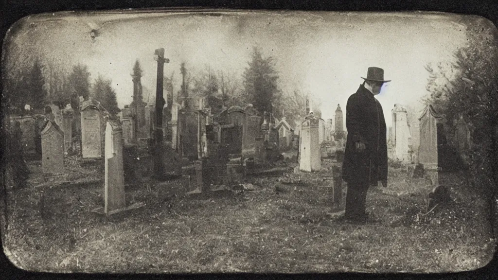 Prompt: an undertaker standing in a graveyard. backlight photo, daguerreotype