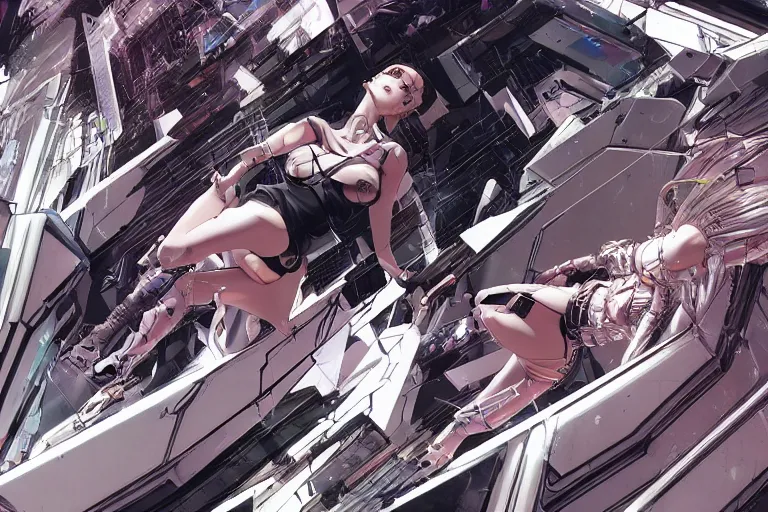 Image similar to a finely composed cyberpunk illustration of a group of white female androids' in style of hajime sorayama, lying scattered over an abstract, empty, white floor, by masamune shirow and katsuhiro otomo, hyper-detailed, colorful, view from above, wide angle, close up, spacious