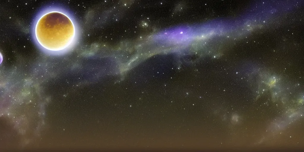 Image similar to a golden spaceship orbits a ringed purple planet, a luscious green moon is contrasted against a magnificent sky full of galaxies