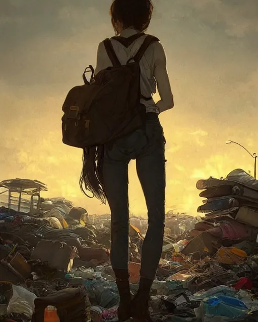 Image similar to poor detailed girl with backpack standing at cars looking for food at garbage dump, destroyed cars, city is pure wasteland, moody sunset in background, greg rutkowski, alphonse mucha, trending on artstation, artgerm, unreal engine, breathtaking, award winning, highly detailed