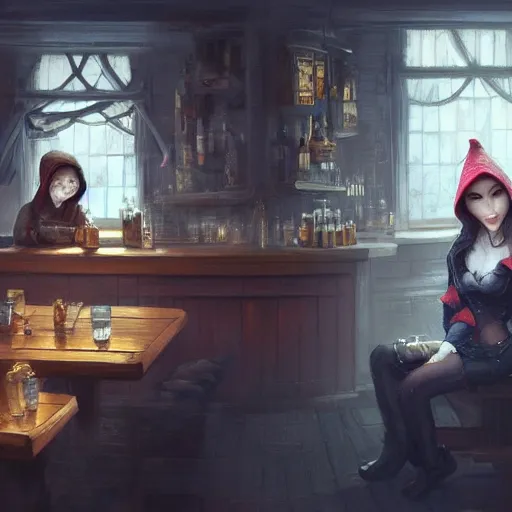 Prompt: a beautiful barmaid trying to cheer up a gloomy guy wearing a hood, sitting in a dark tavern at the corner , made by Stanley Artgerm Lau, WLOP, Rossdraws, ArtStation, CGSociety, concept art, cgsociety, octane render, trending on artstation, artstationHD, artstationHQ, unreal engine, 4k, 8k,