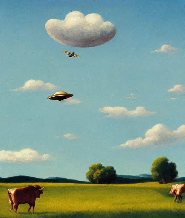 Image similar to a highly detailed painting of a ufo over a meadow, one cow is being abducted by an ufo, ufo has green light, very fine brush strokes, baby blue sky with aesthetic clouds, in the style of edward hopper, 4 k,